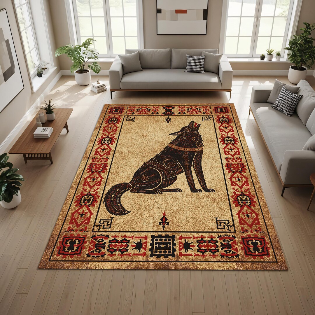 Wolven Rug Tribal Wolf Area Rug, Vintage Southwestern Kilim Style Carpet With ...