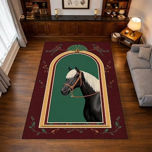 May include: A rectangular area rug featuring a black horse with a white mane and a brown bridle, set against a green backdrop within a gold and cream arch. The rug has a burgundy border with floral accents.