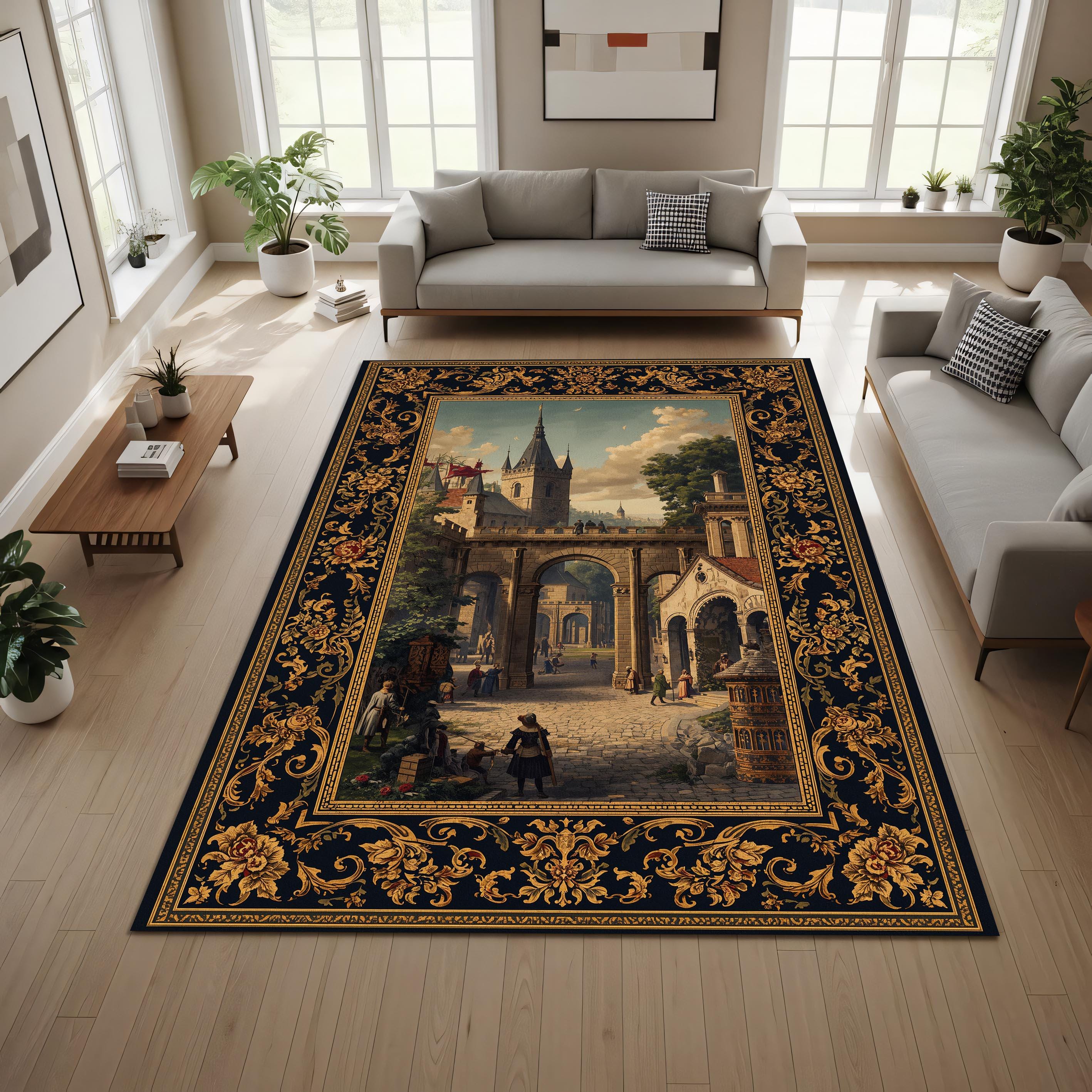 Medieval Rug Square Vintage Medieval Cityscape Area Rug, Baroque Gold Floral Border Carpet ...