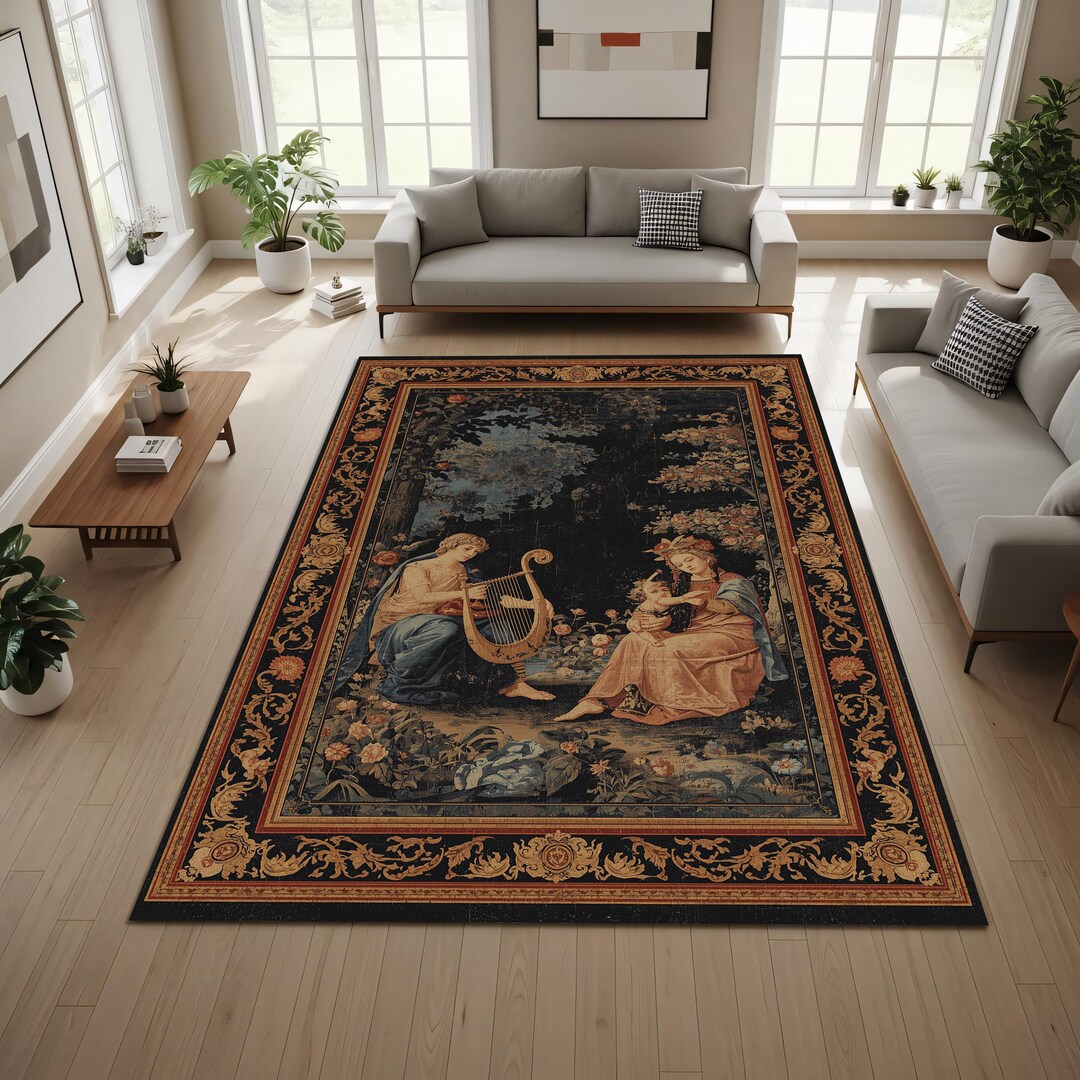 Vintage Tapestry Area Rug With Lyre Musician Scene, Baroque Floral ...