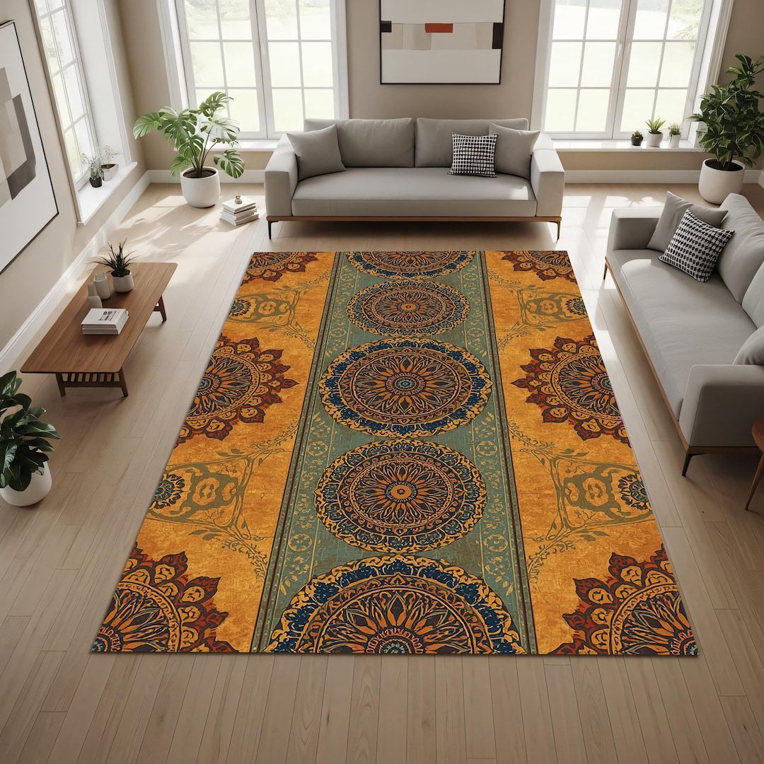 Mandala Rug Design Vintage Boho Mandala Area Rug, Teal & Burnt Orange Medallion Carpet ...