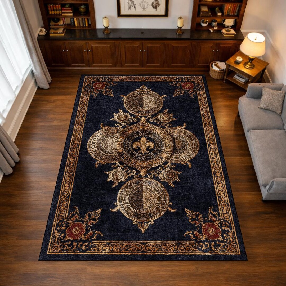 Medieval Rug Blue Navy Blue Vintage Medallion Area Rug, Baroque Fleur De Lis Gothic ...