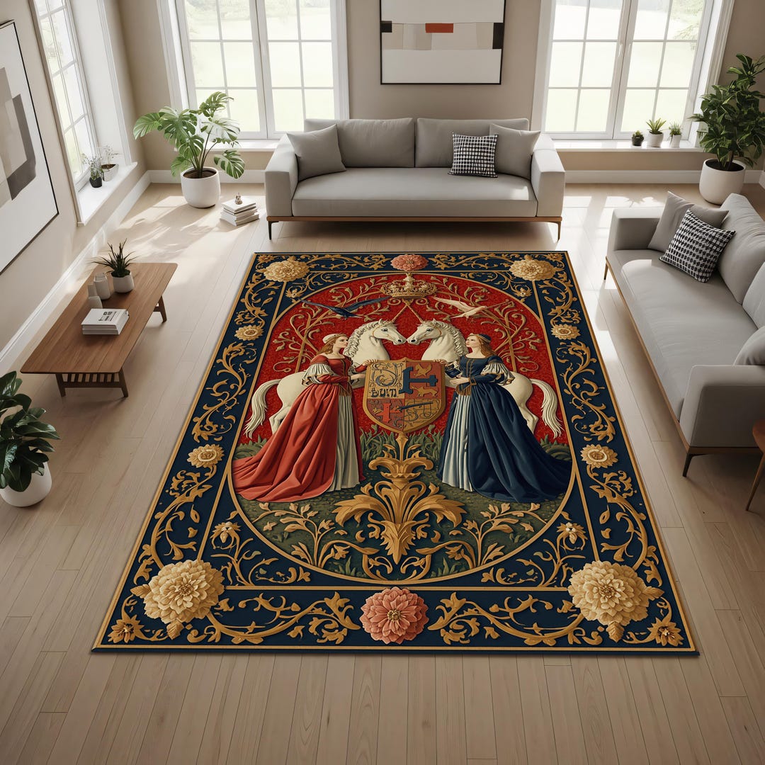 Medieval Tapestry Area Rug, Heraldic Crest With Unicorns & Ladies ...