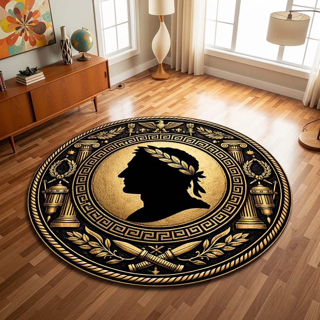 Roman Rug Round Roman Empire Round Rug, Black Gold Caesar Laurel Medallion, Greek Key ...