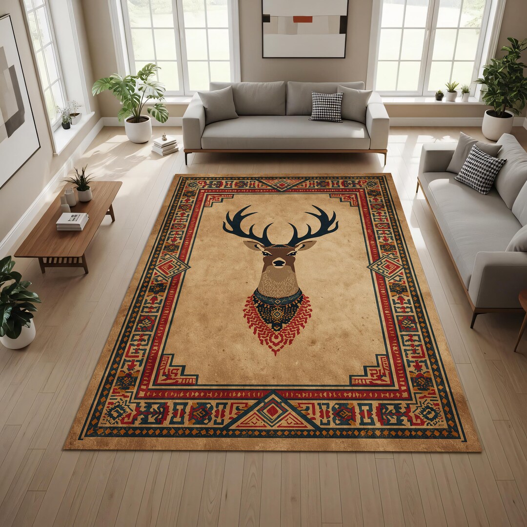Tribal Deer Area Rug With Ethnic Stag Illustration, Vintage Style ...