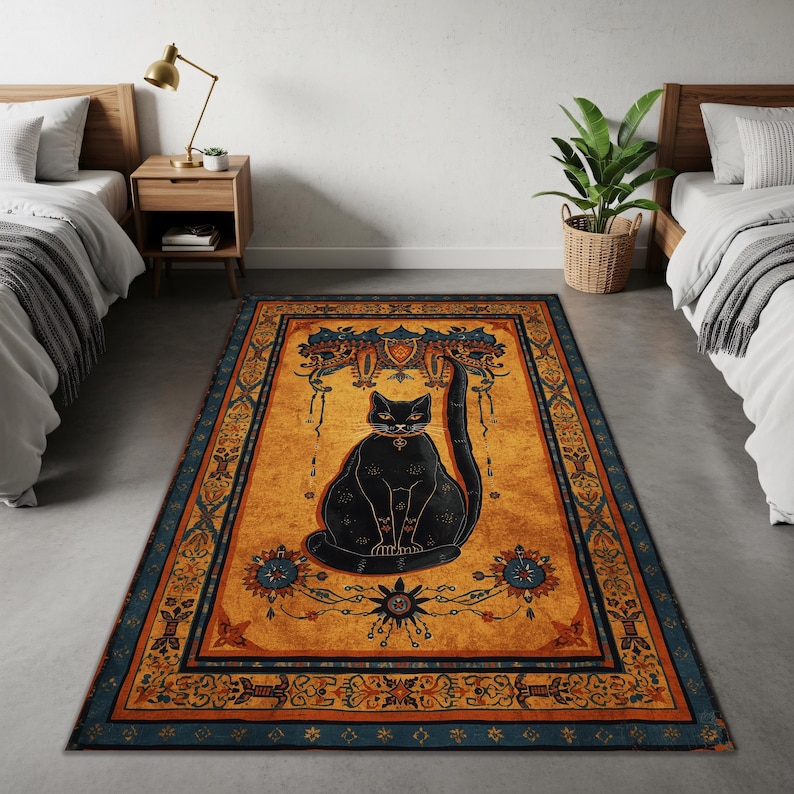 Egyptian Cat Area Rug, Vintage Boho Floor Carpet With Black Cat ...