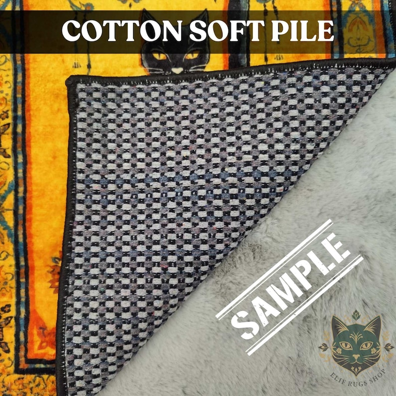 May include: A section of a rug with a black cat design and the words "COTTON SOFT PILE" in white. The underside of the rug has a checkered pattern and a gray, fluffy texture. The word "SAMPLE" is stamped across the bottom.