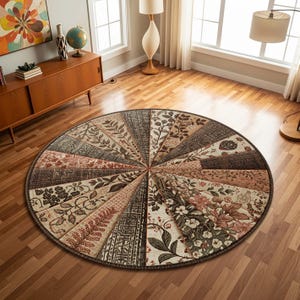 Può includere: Tappeto rotondo con un design patchwork. Presenta motivi floreali e botanici nei toni del marrone, beige e rosso. Ogni sezione si irradia dal centro. Il tappeto è posato su un pavimento in legno. Il diametro del tappeto è di circa 200 cm.