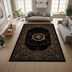 Gothic Bee Dragon Rug, Dark Academia Area Rug, Victorian Baroque Floor Carpet, Witchy Home Decor, Black Gold Statement Mat, Bedroom Rug