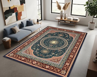 May include: A large, rectangular area rug with a dark teal center featuring a celestial design with a sunburst and zodiac symbols. The rug has a burgundy border with floral patterns and a navy blue edge. The rug is in a living room setting.