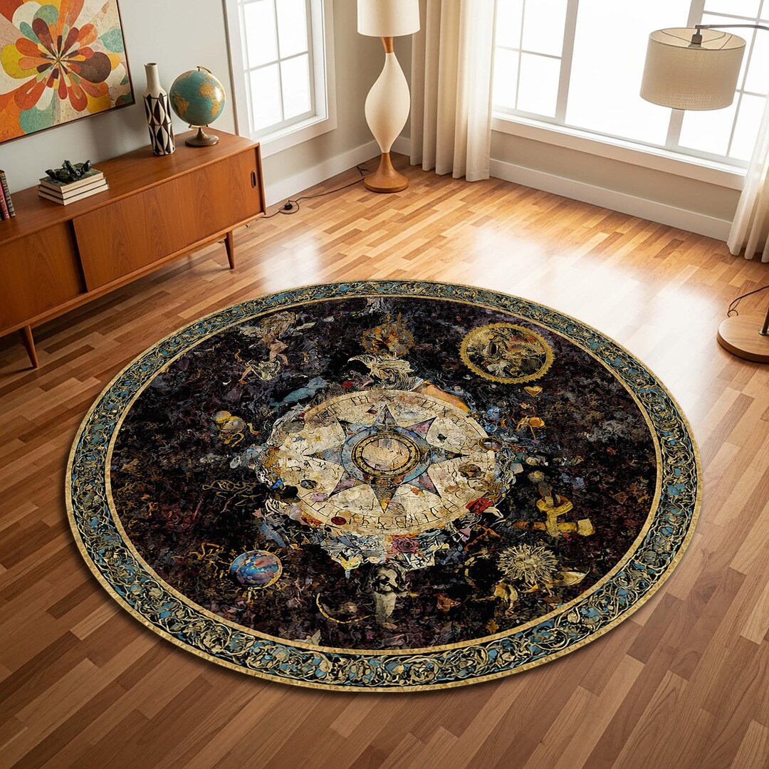 Zodiac Sign Rug Celestial Zodiac Compass Round Rug, Vintage Astrology Star Map Floor ...