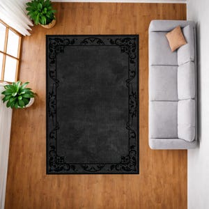 Alfombra gótica negra, alfombra vintage con borde ornamentado, alfombra victoriana oscura para sala de estar, decoración rectangular para pisos en interiores con ambiente sobrio. imagen 4