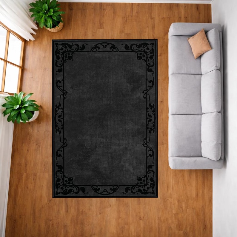 Alfombra gótica negra, alfombra vintage con borde ornamentado, alfombra victoriana oscura para sala de estar, decoración rectangular para pisos en interiores con ambiente sobrio. imagen 4