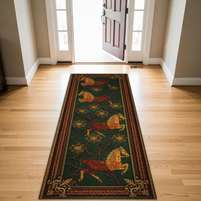 Running Pattern Rig Green Horse Runner Rug, Equestrian Hallway Carpet, Vintage Western ...
