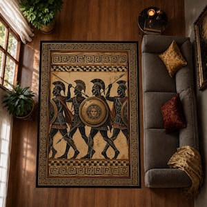 May include: A rectangular area rug featuring a repeating Greek key border in black and gold. The central design depicts four ancient warriors in profile, wearing helmets and carrying spears and shields, with one shield displaying a Medusa head.
