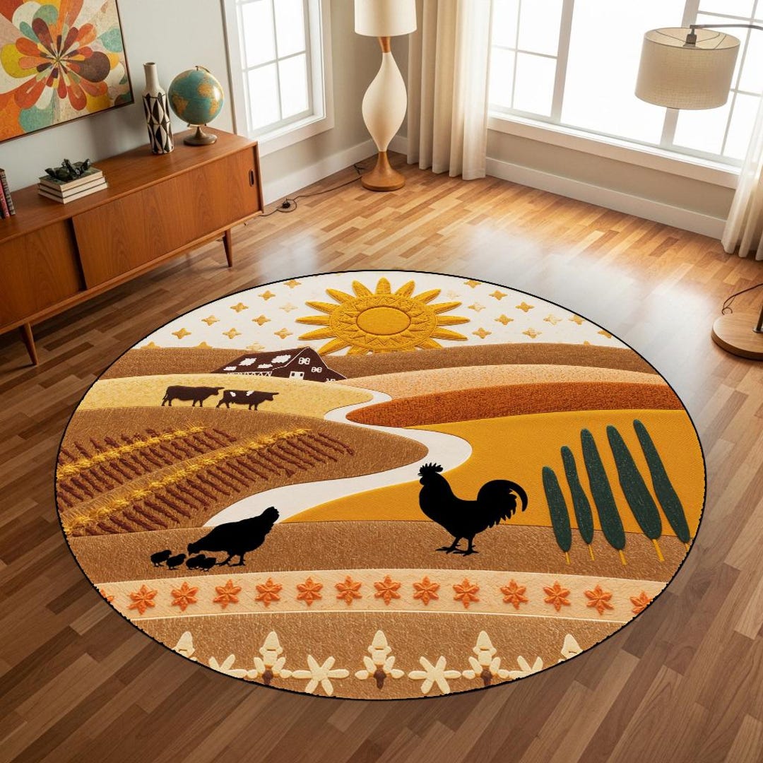Round Country Style Ruggable Rugs Round Farmhouse Area Rug, Rustic Country Landscape Carpet, Rooster ...