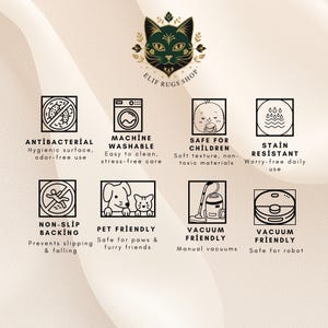 Puede incluir: Un anuncio de Elif Rugs Shop, con iconos y texto que resaltan las caracter&iacute;sticas del producto. Los iconos representan propiedades antibacterianas, lavable a m&aacute;quina, seguridad infantil, resistencia a las manchas, respaldo antideslizante, etc.