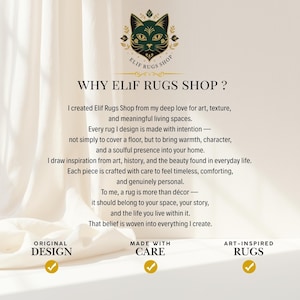Puede incluir: La imagen presenta el logotipo de Elif Rugs Shop y texto que explica la filosof&iacute;a de la tienda. El texto incluye "WHY ELIF RUGS SHOP?" y detalla la inspiraci&oacute;n detr&aacute;s de las alfombras, centr&aacute;ndose en el arte, la textura y la creaci&oacute;n de espacios significativos. La imagen tambi&eacute;n presenta las frases "ORIGINAL DESIGN", "MADE WITH CARE" y "ART-INSPIRED RUGS".