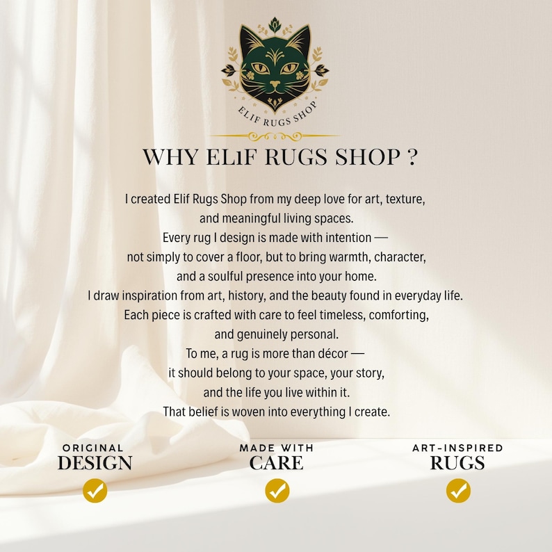 Puede incluir: La imagen presenta el logotipo de Elif Rugs Shop y texto que explica la filosof&iacute;a de la tienda. El texto incluye "WHY ELIF RUGS SHOP?" y detalla la inspiraci&oacute;n detr&aacute;s de las alfombras, centr&aacute;ndose en el arte, la textura y la creaci&oacute;n de espacios significativos. La imagen tambi&eacute;n presenta las frases "ORIGINAL DESIGN", "MADE WITH CARE" y "ART-INSPIRED RUGS".