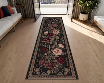Vintage Rose Runner Rug, Black Floral Hallway Carpet, Victorian Gothic Botanical Floor Mat Runner for Entryway, Kitchen, Bedroom Decor