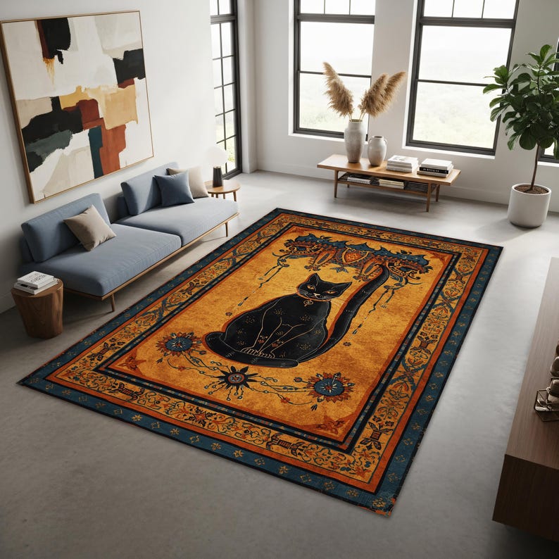 Egyptian Cat Area Rug, Vintage Boho Floor Carpet With Black Cat ...