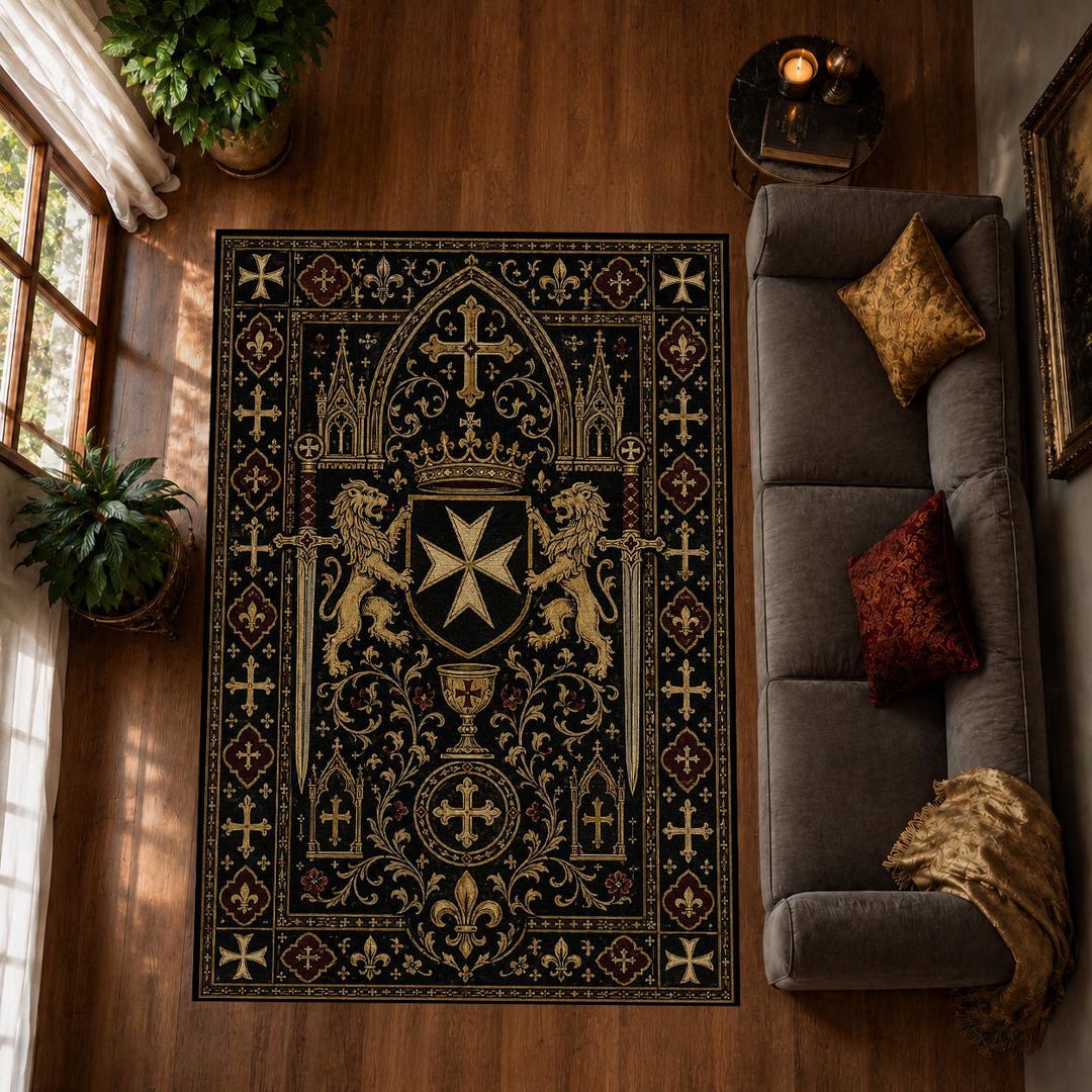 Colorful Rug Medieval Gothic Heraldic Rug, Medieval Knight Area Rug, Black Gold Burgundy ...