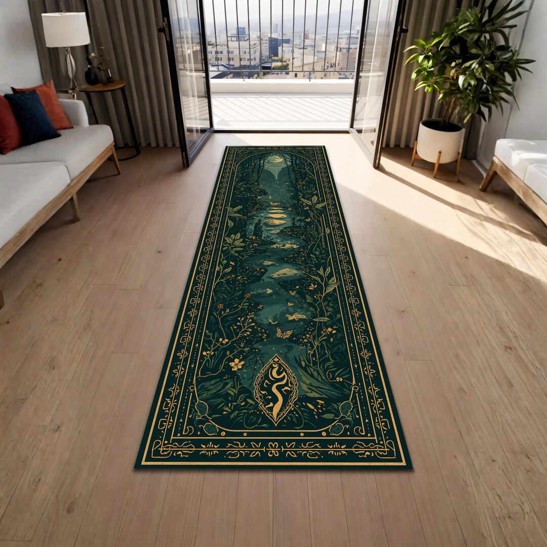 Enchanted Rug Enchanted Forest Runner Rug Teal Green Gold Botanical Path Carpet ...
