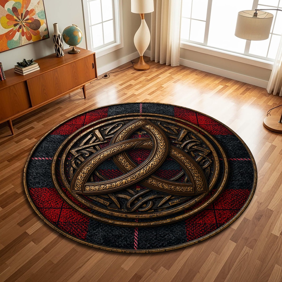 Round Celtic Knot Rug, Black and Red Tartan Floor Mat, Norse Viking ...