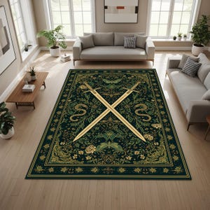May include: A dark green rug with a gold border and detailed floral and serpent designs. Two gold swords are crossed in the centre. The rug is in a living room with light-coloured sofas and wooden flooring.