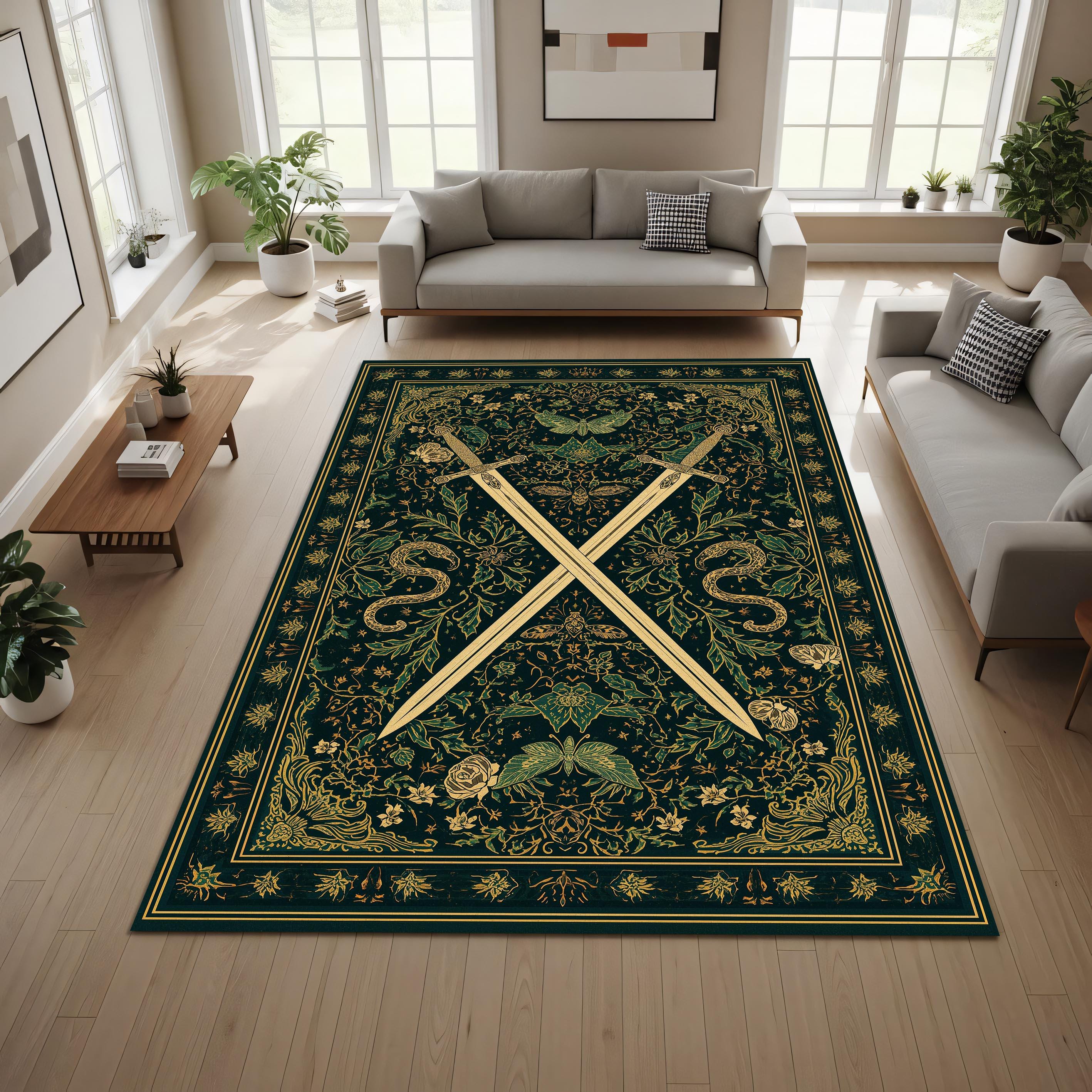 Sword Fish Rug Emerald Gothic Sword Area Rug, Occult Botanical Snake & Moth Tapestry ...