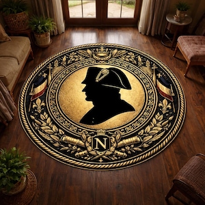 Puede incluir: Alfombra redonda con un diseño dorado y negro que presenta la silueta de una persona con sombrero. La alfombra tiene un borde dorado con elementos decorativos, incluyendo banderas y coronas de laurel. El centro tiene un fondo dorado con una silueta negra.