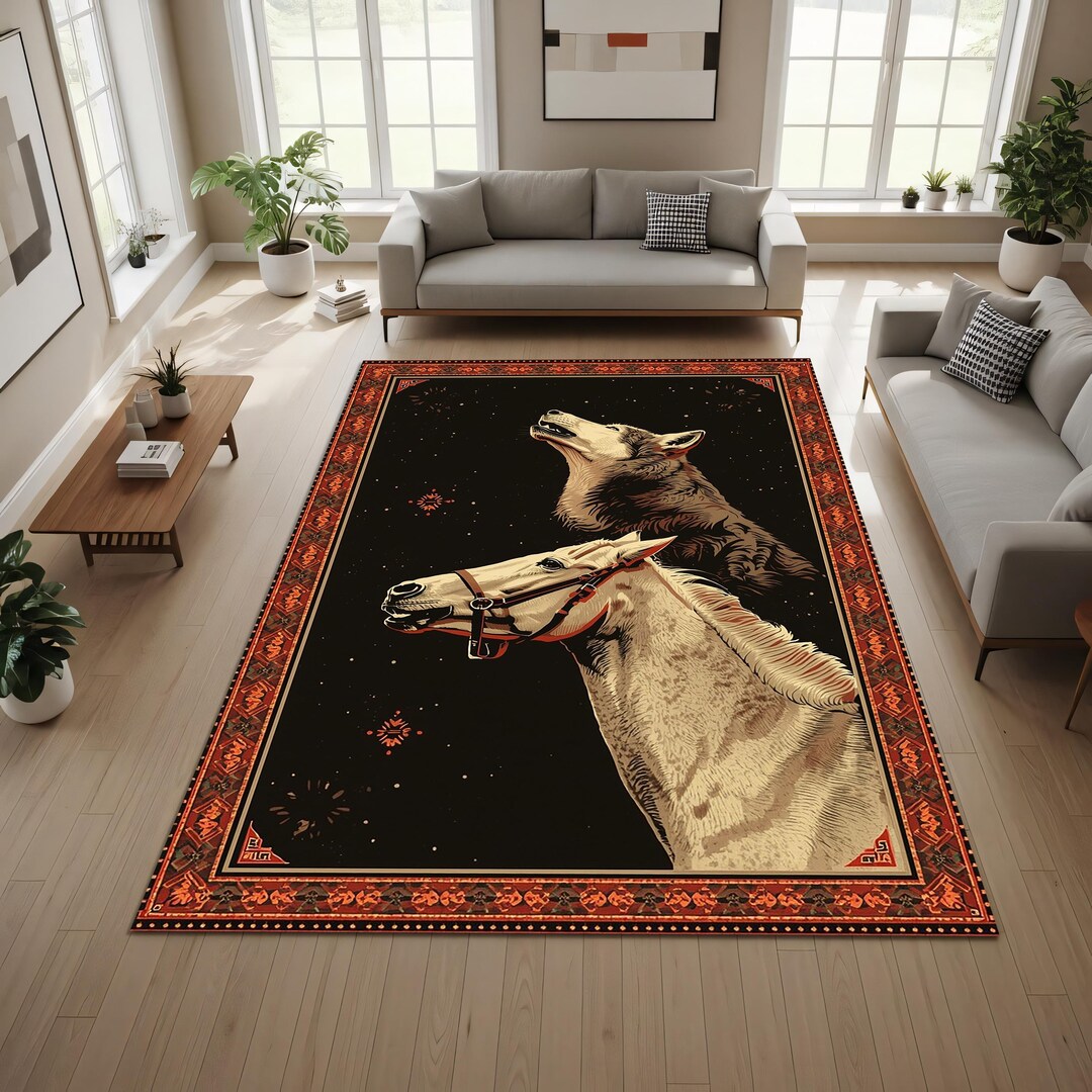 Animal Abyss Rug Mystical Wolf and Horse Area Rug, Dark Fantasy Animal Carpet, Vintage ...