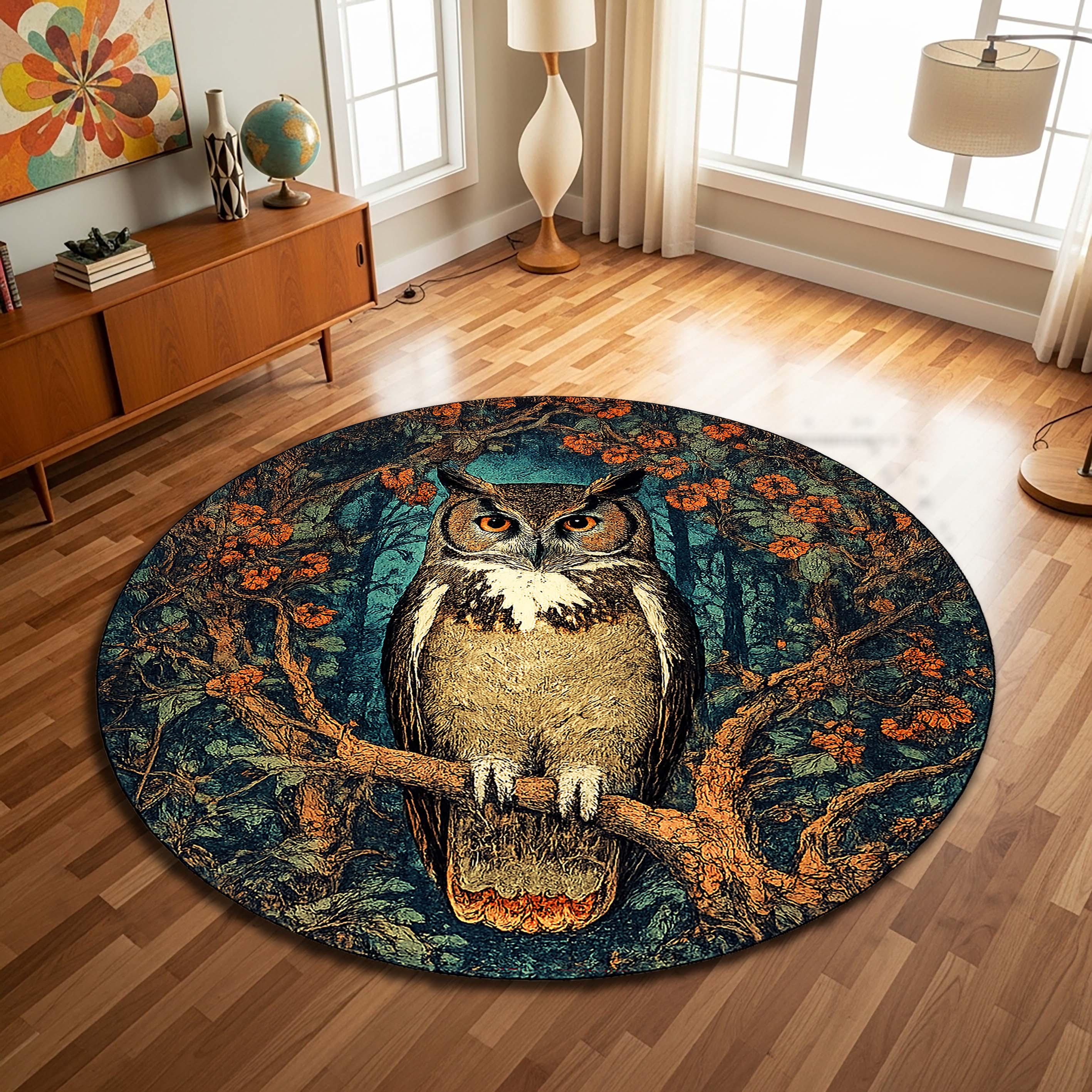 Vintage Owl Round Area Rug, Woodland Forest Autumn Carpet, Boho Rustic Living Room Bedroom Home Deco
