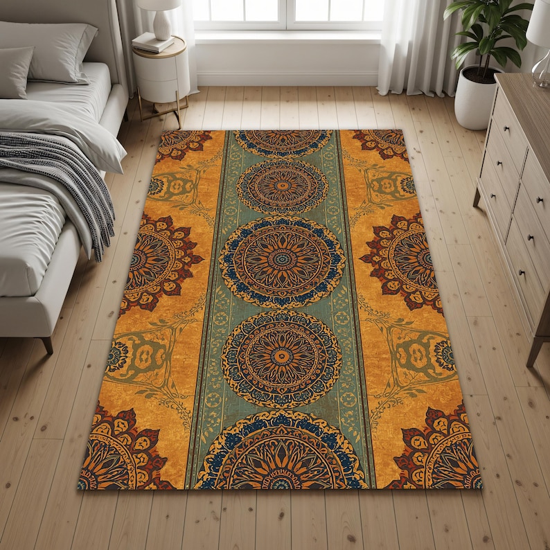 Mandala Rug Design Vintage Boho Mandala Area Rug, Teal & Burnt Orange Medallion Carpet ...