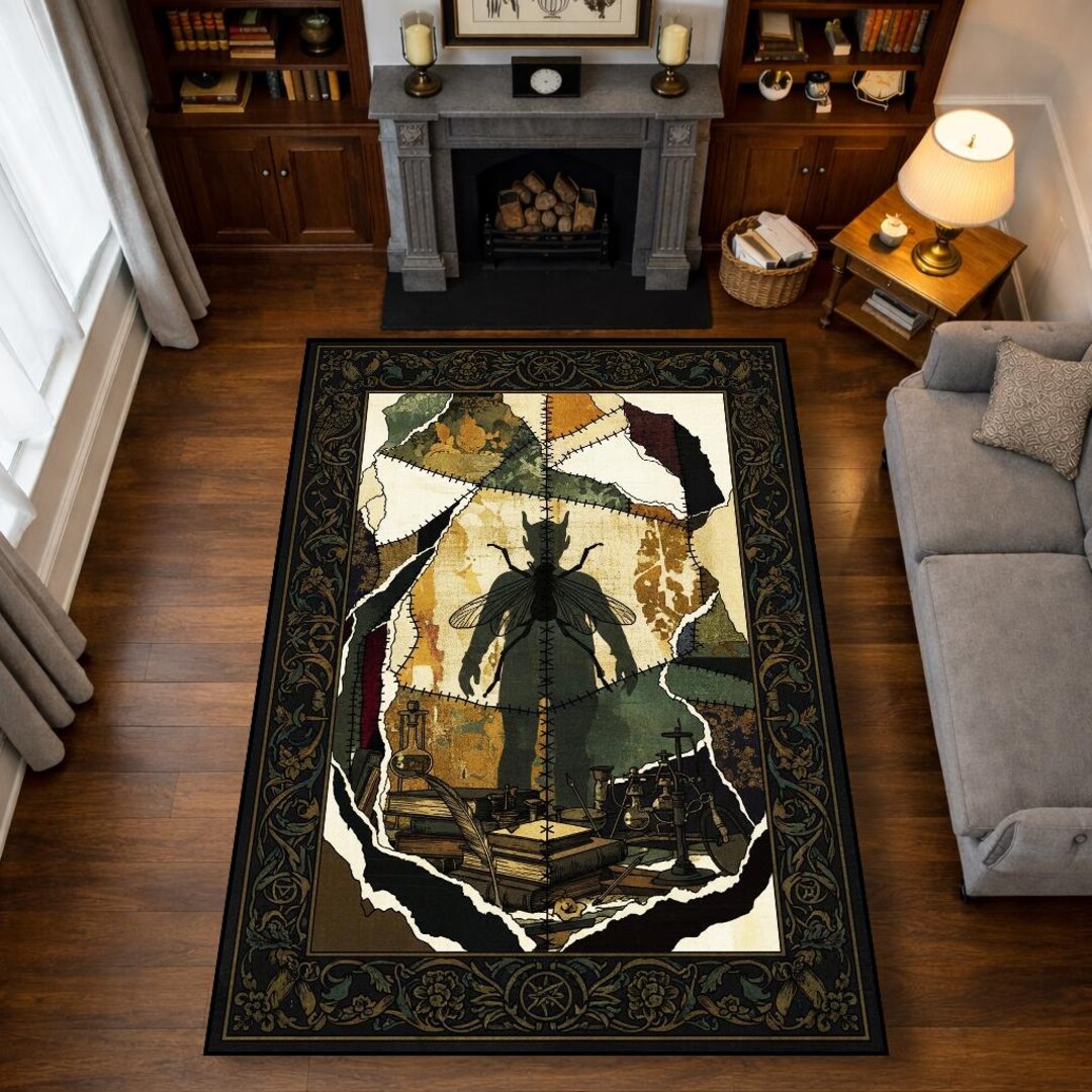Gothic Rug For Library Dark Academia Insect Silhouette Rug, Vintage Patchwork Collage Area Rug ...