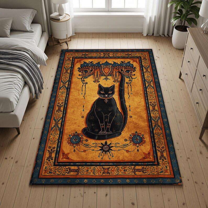 Egyptian Cat Area Rug, Vintage Boho Floor Carpet With Black Cat ...