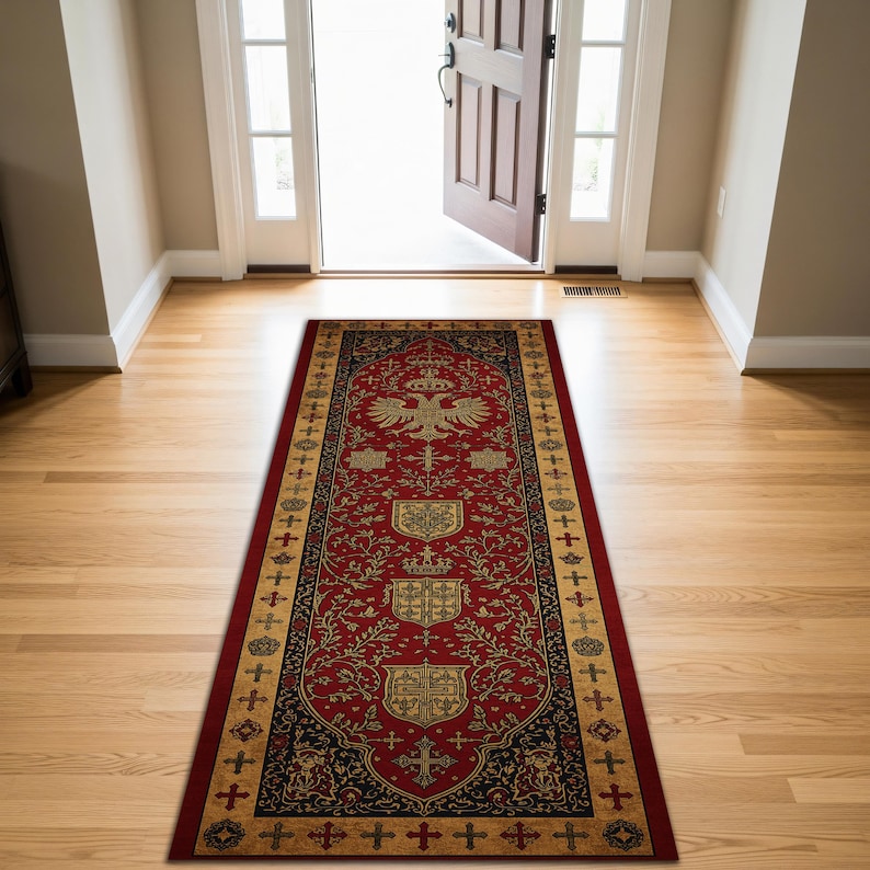 Medieval Red Rug Vintage Medieval Heraldic Runner Rug Red Gold, Gothic Cross & Coat of ...