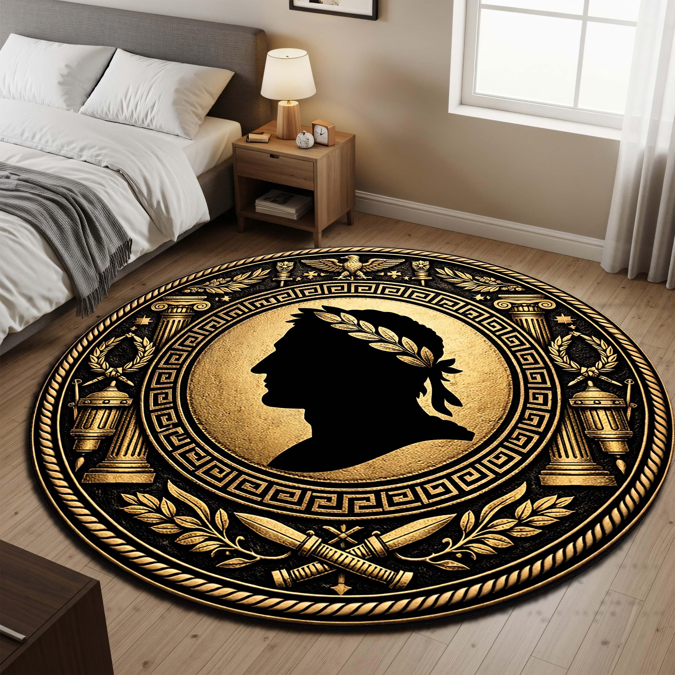 Roman Empire Round Rug, Black Gold Caesar Laurel Medallion, Greek Key ...