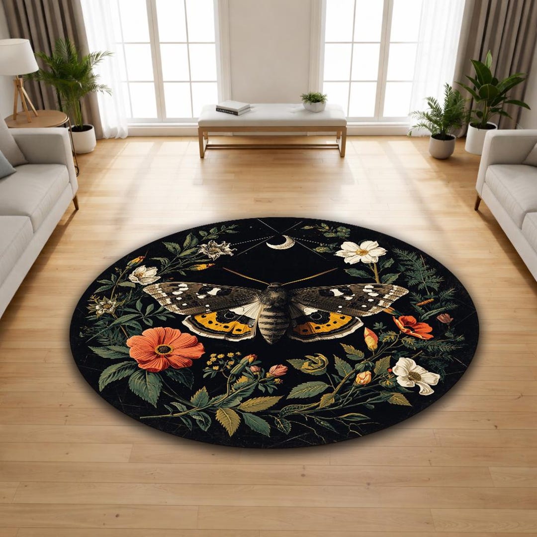Moth Area Rug Vintage Moth Round Area Rug, Botanical Flowers & Crescent Moon, Dark ...