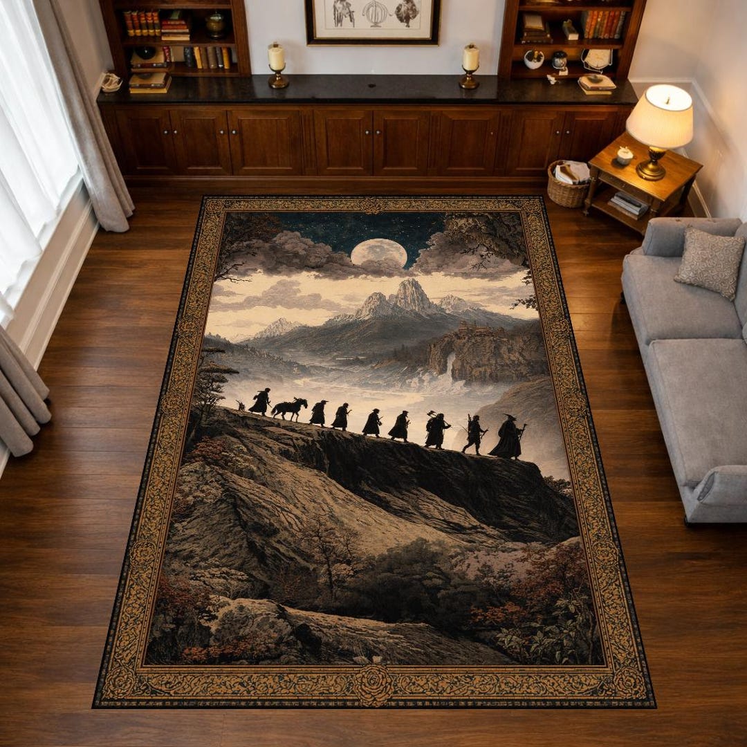 Fantasy Journey Area Rug, Moonlit Mountain Landscape Carpet, Medieval ...