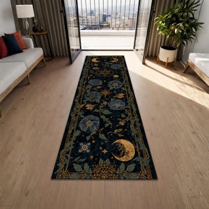 Celestial Floral Runner Rug With Moon Phases And Botanical Occult Art, Mystical Dark Cottagecore Hallway Corridor Statement Carpet Decor