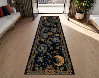 Celestial Floral Runner Rug With Moon Phases And Botanical Occult Art, Mystical Dark Cottagecore Hallway Corridor Statement Carpet Decor
