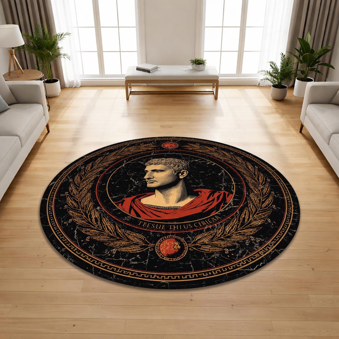 Rome Rust Rug Roman Emperor Portrait Round Area Rug With Classical Wreath Design ...