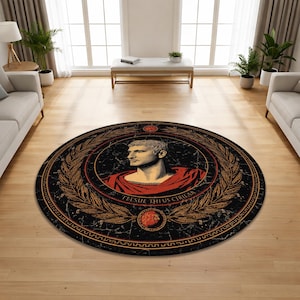 Roman Emperor Portrait Round Area Rug With Classical  Wreath Design, Ancient Rome Inspired Vintage Statement Carpet For Living Room Decor