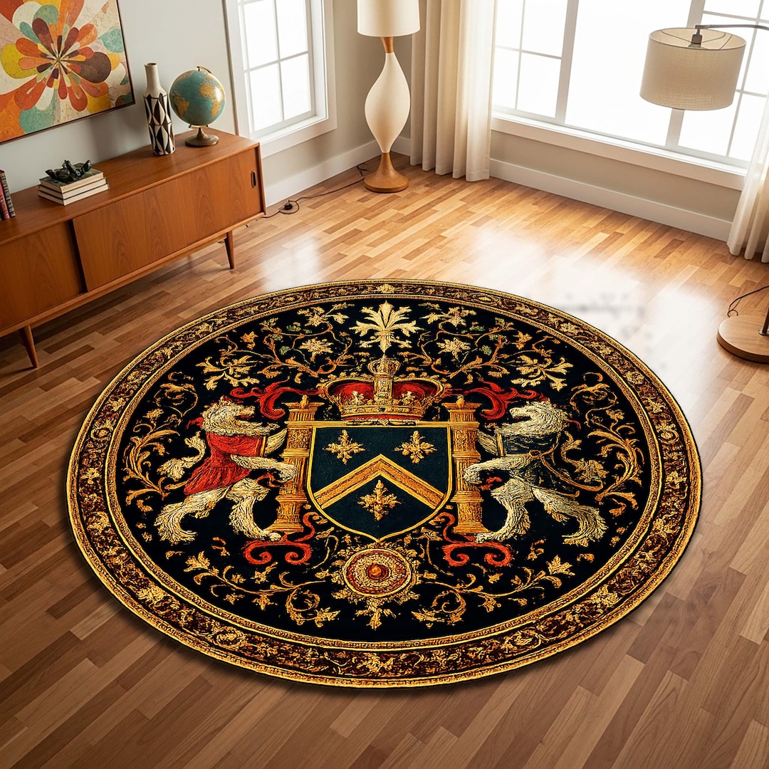 Royal Coat of Arms Round Rug, Vintage Baroque Black Gold Carpet ...