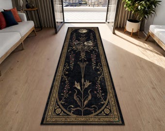 Vintage Botanical Runner Rug, Black Gold Floral Hallway Carpet with Moon, Dark Academia Entryway Runner, Victorian Garden Long Rug