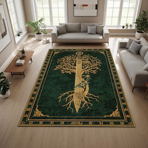 May include: A large, rectangular green rug with a gold sword design. The sword is centered, with a tree growing from it. The rug has a gold border with a repeating pattern and text. The rug is in a living room setting.