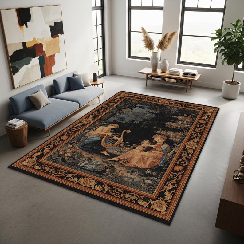 Vintage Tapestry Area Rug With Lyre Musician Scene, Baroque Floral ...
