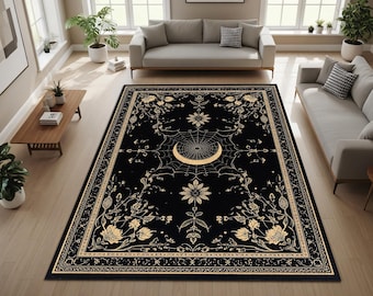 Alfombra de telaraña con diseño de luna gótica, alfombra floral celestial en negro y dorado, decoración victoriana de tarot oculto y academia oscura de brujas, alfombra para sala de estar