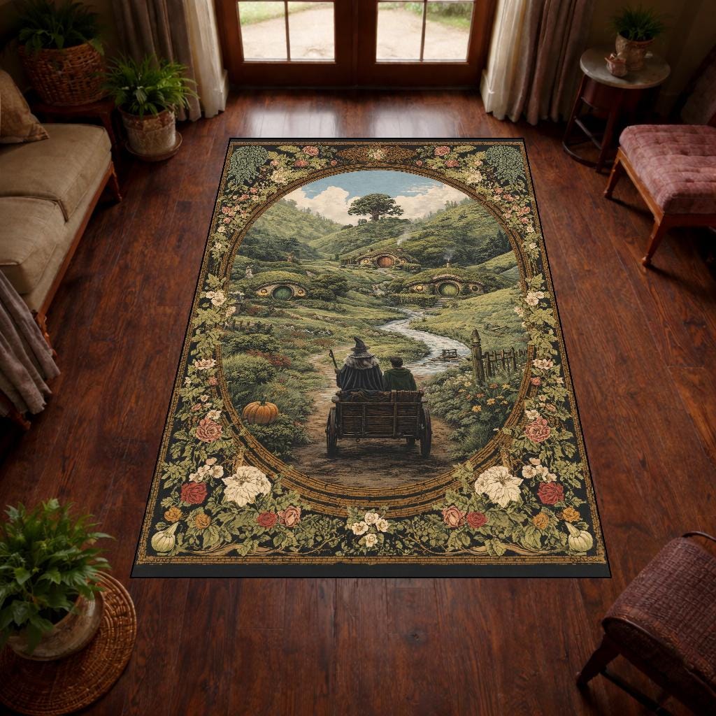 Fantasy Cottagecore Area Rug, Storybook Hillside Carpet, Floral Border ...